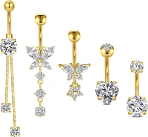 Incaton 14G Belly Button Rings Stainless Steel Dangling Butterfly Heart Diamond Belly Rings Dangle Navel Piercing Jewelry For Women