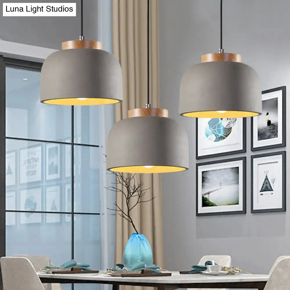 Industrial Hanging Ceiling Pendant Lamp - Grey Cement Bowl with Wood Cap - 1 Light
