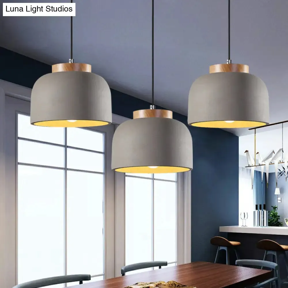 Industrial Hanging Ceiling Pendant Lamp - Grey Cement Bowl with Wood Cap - 1 Light