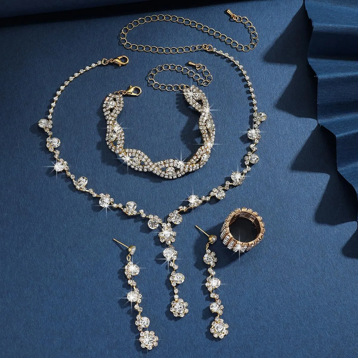 INENIMARTJ Prom Jewelry Sets Silver Jewelry Set for Brides Bridesmaid Elegant Crystal Prom Earrings Necklace Bracelet Set Bridal Wedding Prom Dresses Costume Jewelry for Women