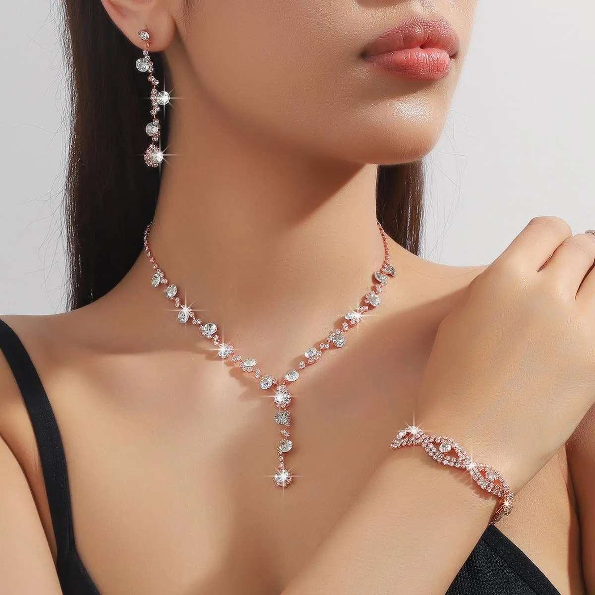 INENIMARTJ Prom Jewelry Sets Silver Jewelry Set for Brides Bridesmaid Elegant Crystal Prom Earrings Necklace Bracelet Set Bridal Wedding Prom Dresses Costume Jewelry for Women