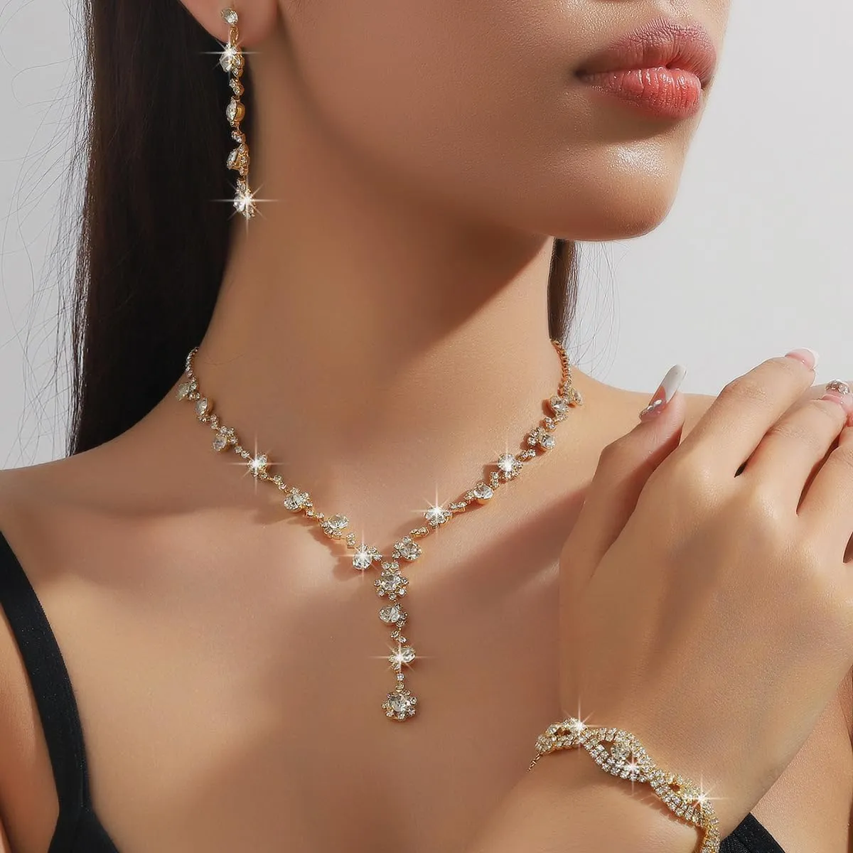 INENIMARTJ Prom Jewelry Sets Silver Jewelry Set for Brides Bridesmaid Elegant Crystal Prom Earrings Necklace Bracelet Set Bridal Wedding Prom Dresses Costume Jewelry for Women