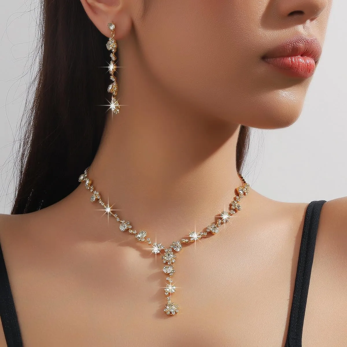 INENIMARTJ Prom Jewelry Sets Silver Jewelry Set for Brides Bridesmaid Elegant Crystal Prom Earrings Necklace Bracelet Set Bridal Wedding Prom Dresses Costume Jewelry for Women