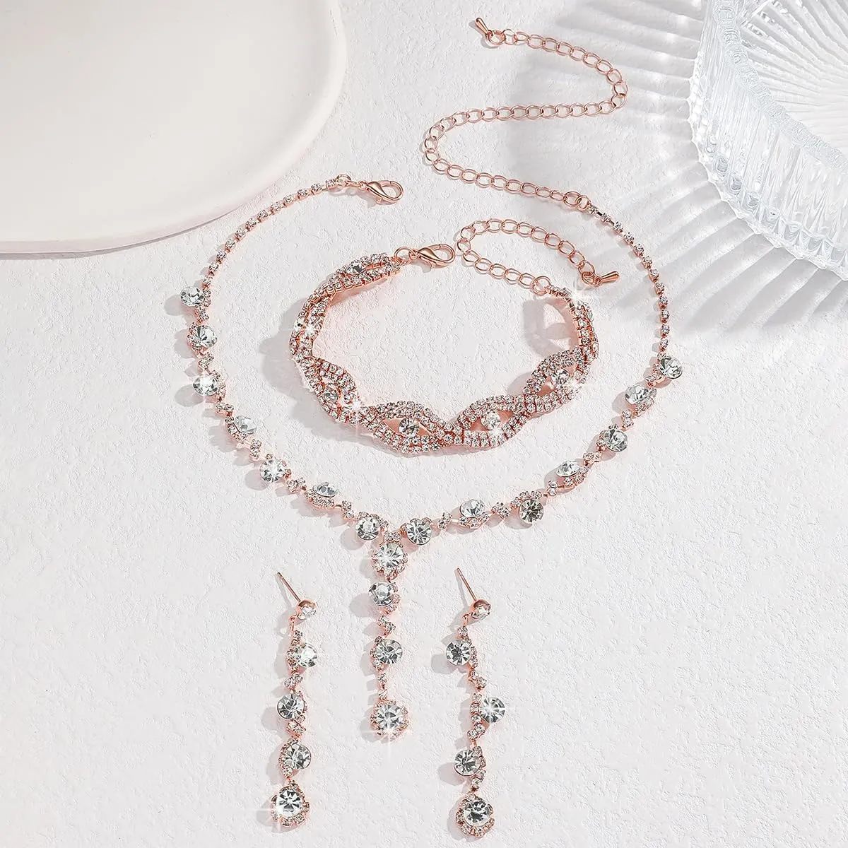 INENIMARTJ Prom Jewelry Sets Silver Jewelry Set for Brides Bridesmaid Elegant Crystal Prom Earrings Necklace Bracelet Set Bridal Wedding Prom Dresses Costume Jewelry for Women