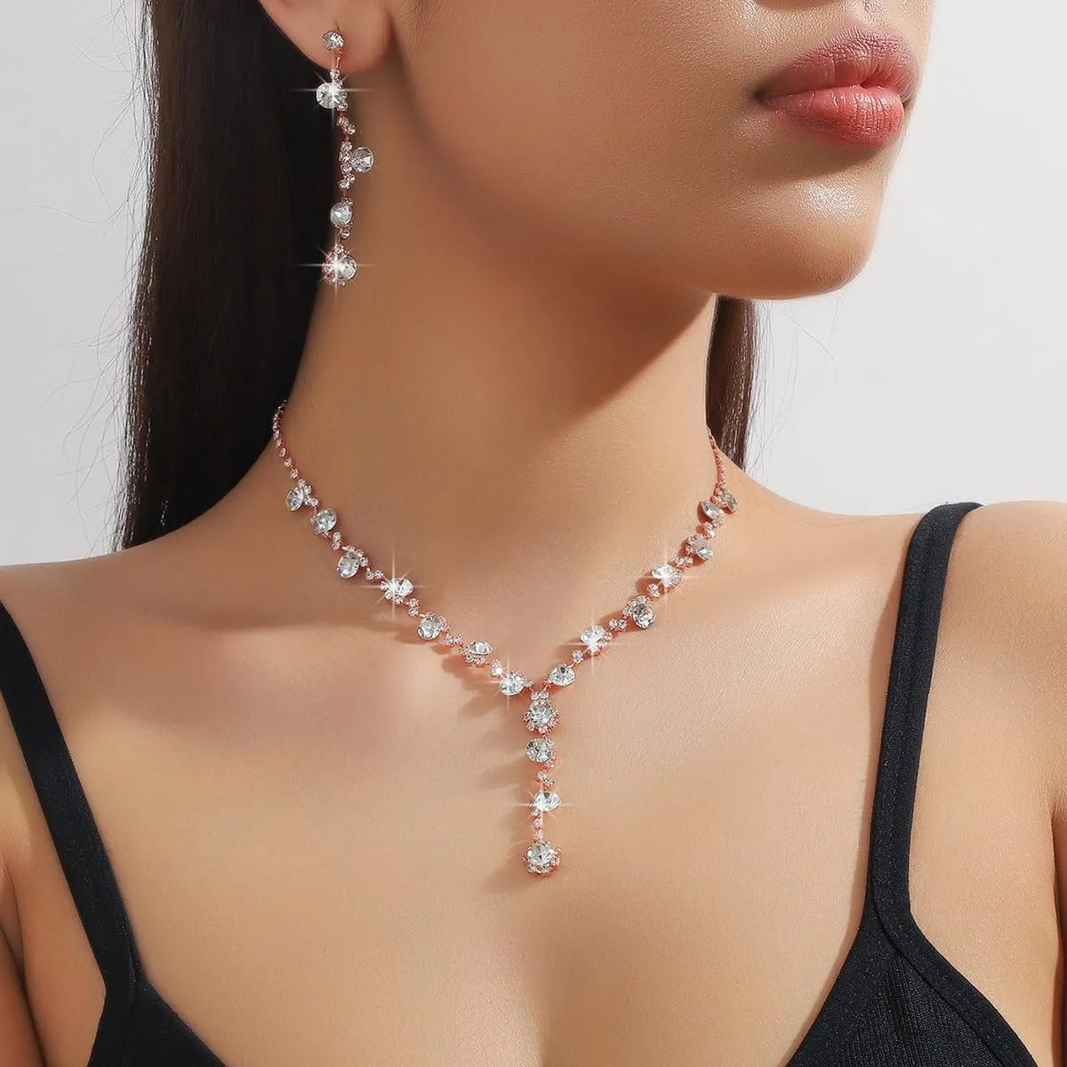 INENIMARTJ Prom Jewelry Sets Silver Jewelry Set for Brides Bridesmaid Elegant Crystal Prom Earrings Necklace Bracelet Set Bridal Wedding Prom Dresses Costume Jewelry for Women