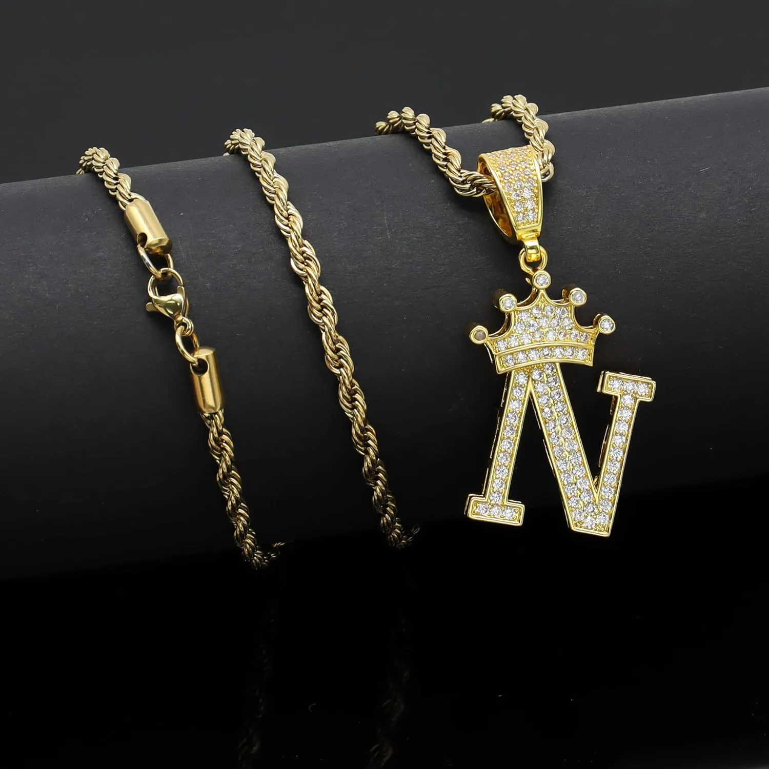 Initial A-Z Letter Crown Pendant Necklace, Hip Hop 18K Gold 24-inch Rope Chain, Cute Glitter Shiny CZ Personalized Alphabet Name Charm Jewelry Necklace