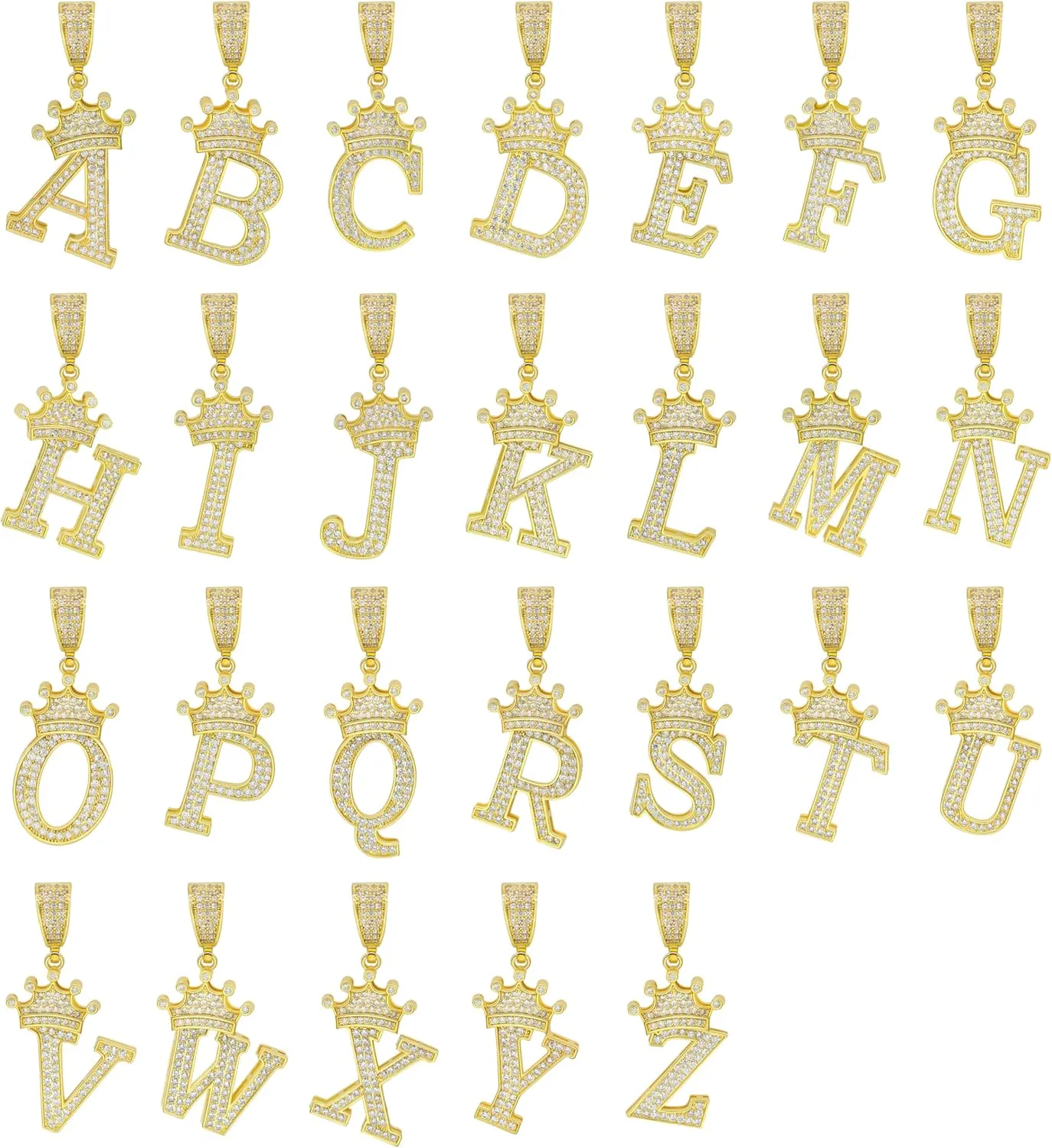 Initial A-Z Letter Crown Pendant Necklace, Hip Hop 18K Gold 24-inch Rope Chain, Cute Glitter Shiny CZ Personalized Alphabet Name Charm Jewelry Necklace