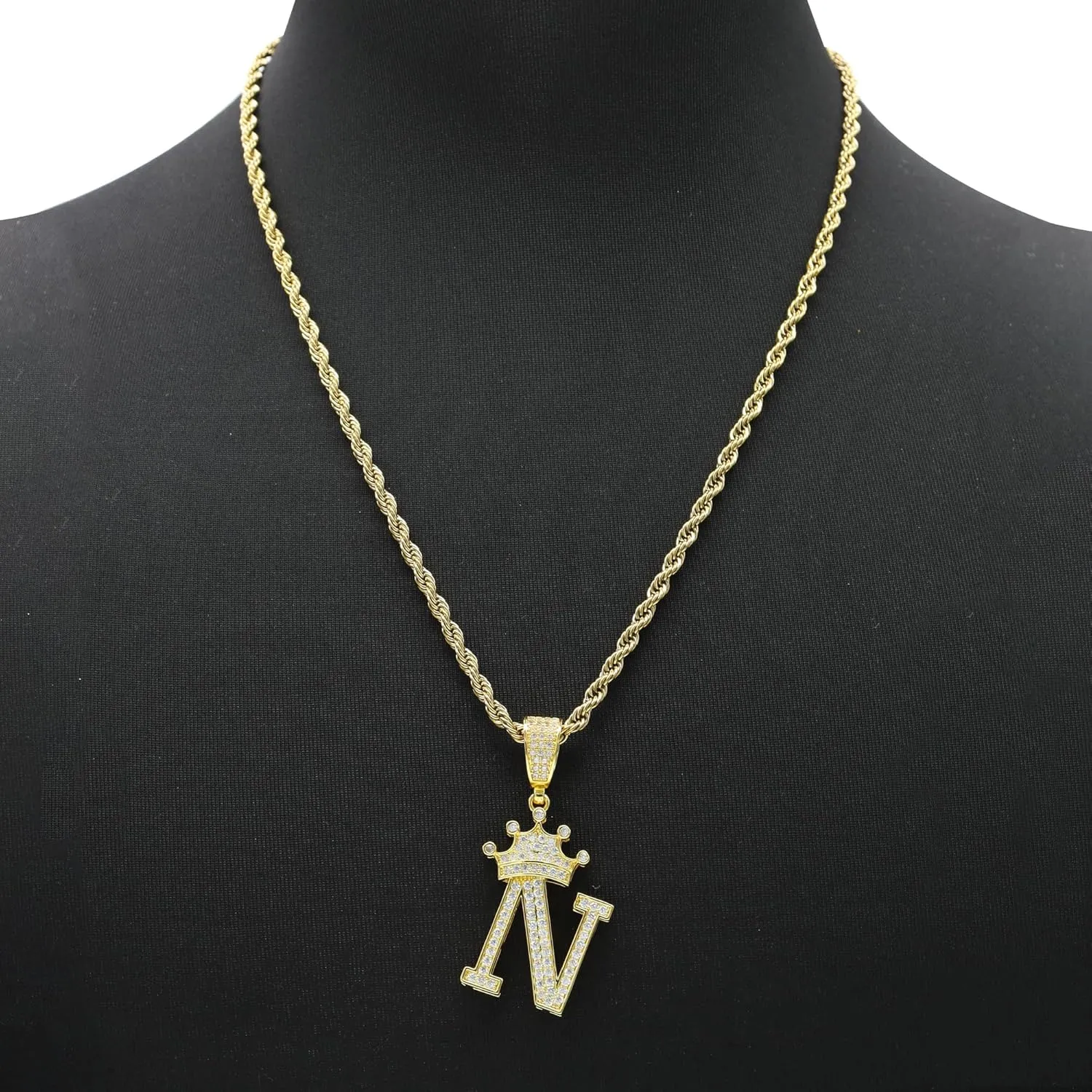 Initial A-Z Letter Crown Pendant Necklace, Hip Hop 18K Gold 24-inch Rope Chain, Cute Glitter Shiny CZ Personalized Alphabet Name Charm Jewelry Necklace