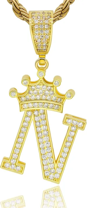 Initial A-Z Letter Crown Pendant Necklace, Hip Hop 18K Gold 24-inch Rope Chain, Cute Glitter Shiny CZ Personalized Alphabet Name Charm Jewelry Necklace