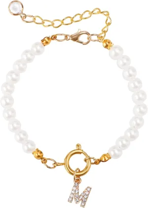 Initial Pearl Bracelets, Fashion Gold Alphabet Pearl Bracelet Dainty Rhinestones Letter Bracelet for Women Letter Pearl Jewelry Gift for Women