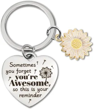Inspirational Gifts Keyring, Heart Shaped Motivational Keychain with Daisy Pedant Sometimes You Forget You're Awesome Positive Encouragement Gifts for Women Friends Lovers Colleagues