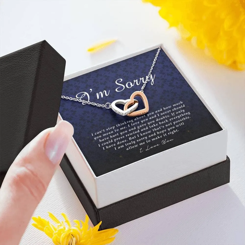 Interlocking Heart Necklace & Apology Card - Forgiveness Gift For Her, Unique Jewelry Card Set In Mahogany Box