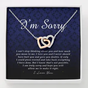 Interlocking Heart Necklace & Apology Card - Forgiveness Gift For Her, Unique Jewelry Card Set In Mahogany Box