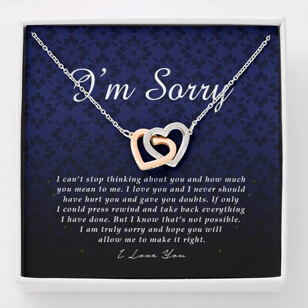 Interlocking Heart Necklace & Apology Card - Forgiveness Gift For Her, Unique Jewelry Card Set In Mahogany Box