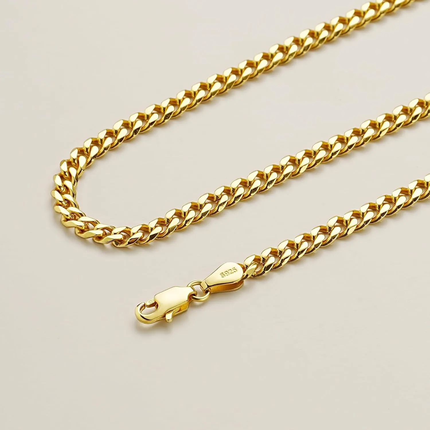 Italian Solid 18k Gold Over 925 Sterling Silver Chain Necklace - 4mm Diamond Cut Cuban Link Chain for Women & Men