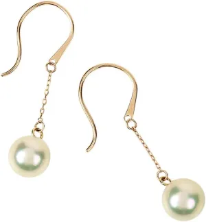 Japanese 6.5mm Akoya Cultured Pearl Dangle Earrings for Women with 18K Yellow Gold | Classy Design Excellent Gift | Pearl Earrings