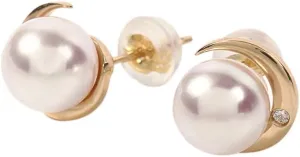 Japanese 7.0mm Akoya Cultured Pearl with Diamond Earrings for Women with 18K Yellow Gold | Classy Design Excellent Gift | Pearl Earrings