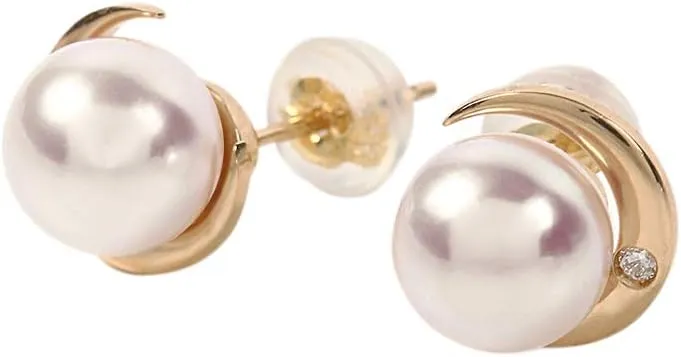 Japanese 7.0mm Akoya Cultured Pearl with Diamond Earrings for Women with 18K Yellow Gold | Classy Design Excellent Gift | Pearl Earrings