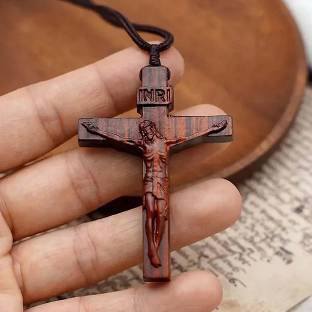 Jesus Cross Wooden Necklace,Cross Pendant Necklace,Wood Cross Necklace,Christian Catholic Jesus Crucifix Necklace