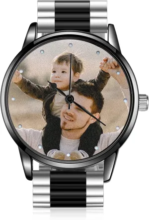 Jeweidea Personalized Photo Watch for Men Custom Engraved Name Picture Watch Stainless Steel Wrist Watch Unique Gift for Dad, Husband