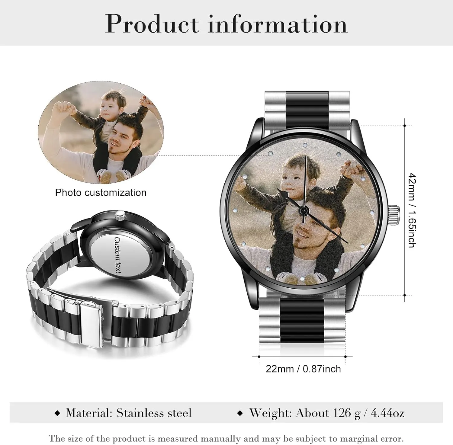 Jeweidea Personalized Photo Watch for Men Custom Engraved Name Picture Watch Stainless Steel Wrist Watch Unique Gift for Dad, Husband