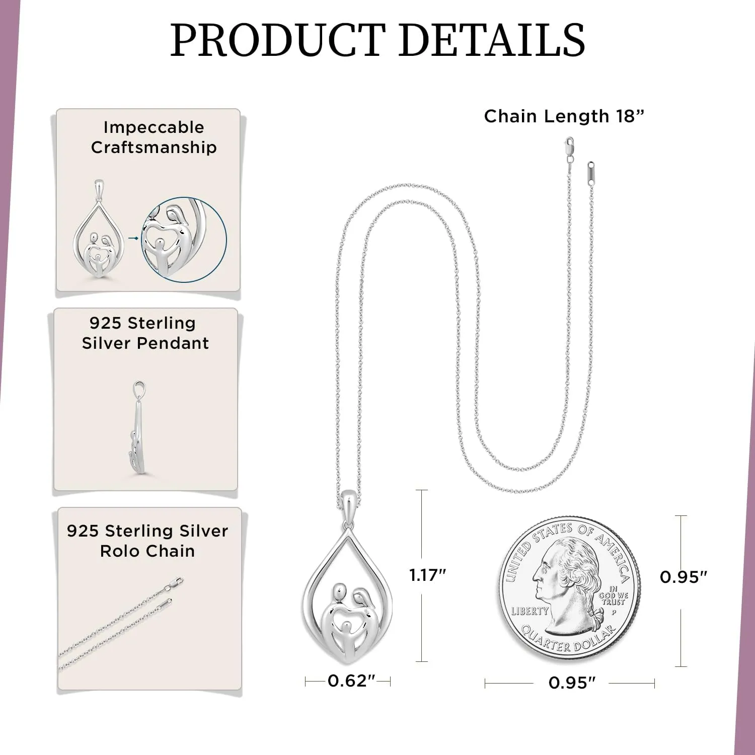 Jewelili Parent and Children Family Necklace Pendant in Sterling Silver 18" Rolo Chain