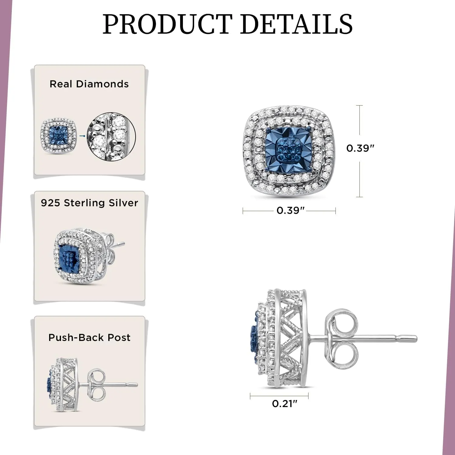Jewelili Sterling Silver Stud Earrings for Women | 1/4 CTTW Diamonds | Choice of Heart, Cushion, Pear or Round shape in Black, Blue, or White Diamonds | Push Back Post | Luxury Jewelry with Gift Box