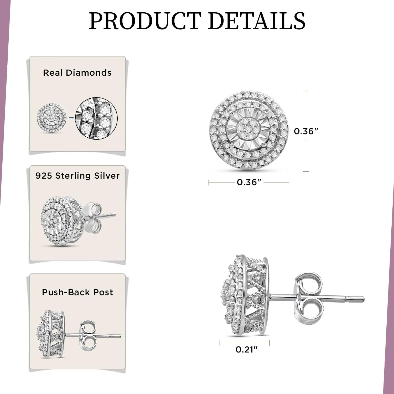 Jewelili Sterling Silver Stud Earrings for Women | 1/4 CTTW Diamonds | Choice of Heart, Cushion, Pear or Round shape in Black, Blue, or White Diamonds | Push Back Post | Luxury Jewelry with Gift Box
