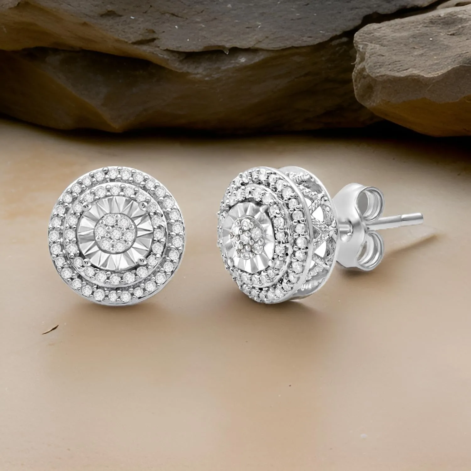 Jewelili Sterling Silver Stud Earrings for Women | 1/4 CTTW Diamonds | Choice of Heart, Cushion, Pear or Round shape in Black, Blue, or White Diamonds | Push Back Post | Luxury Jewelry with Gift Box