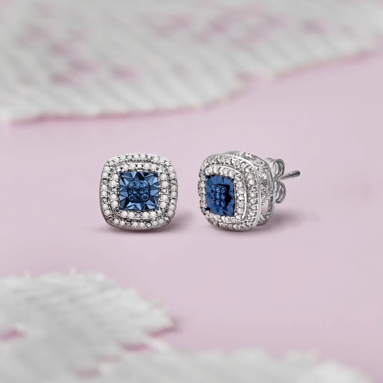 Jewelili Sterling Silver Stud Earrings for Women | 1/4 CTTW Diamonds | Choice of Heart, Cushion, Pear or Round shape in Black, Blue, or White Diamonds | Push Back Post | Luxury Jewelry with Gift Box