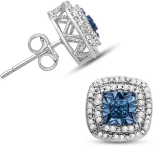 Jewelili Sterling Silver Stud Earrings for Women | 1/4 CTTW Diamonds | Choice of Heart, Cushion, Pear or Round shape in Black, Blue, or White Diamonds | Push Back Post | Luxury Jewelry with Gift Box