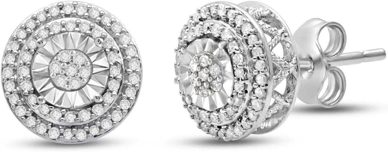 Jewelili Sterling Silver Stud Earrings for Women | 1/4 CTTW Diamonds | Choice of Heart, Cushion, Pear or Round shape in Black, Blue, or White Diamonds | Push Back Post | Luxury Jewelry with Gift Box