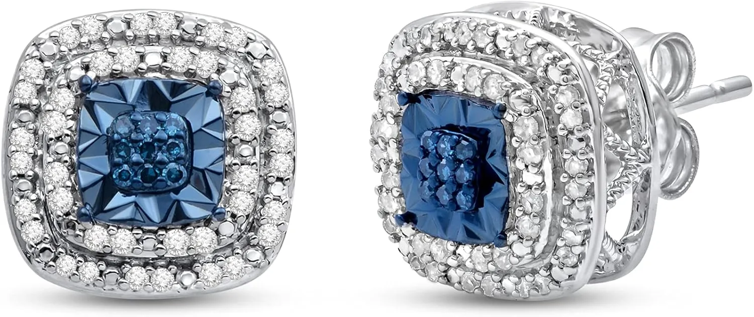 Jewelili Sterling Silver Stud Earrings for Women | 1/4 CTTW Diamonds | Choice of Heart, Cushion, Pear or Round shape in Black, Blue, or White Diamonds | Push Back Post | Luxury Jewelry with Gift Box