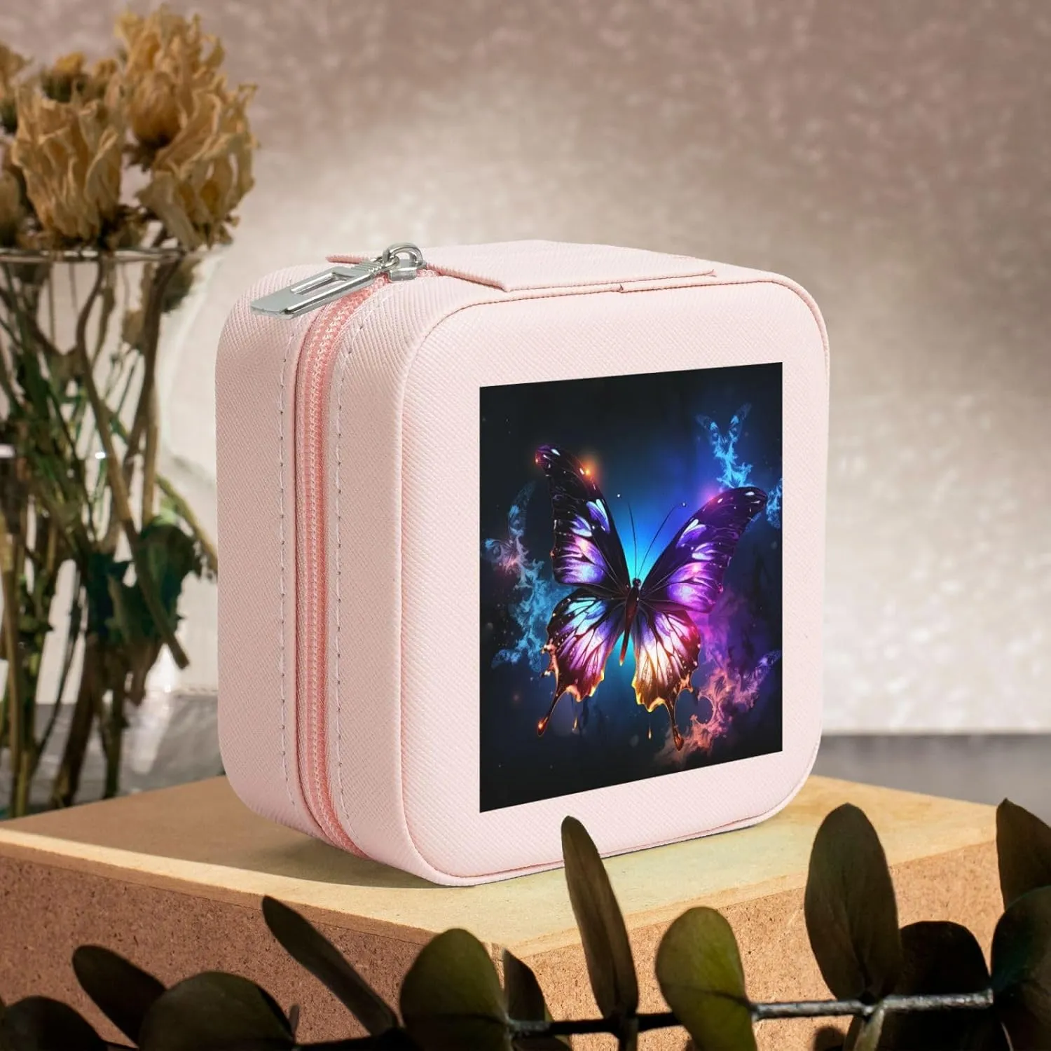 Jewelry Boxes for Women Girls Square Jewelry Organizer Case Beautiful glowing butterfly Leather Jewelry Storage Box Portable Travel Jewelry Case with Zipper for Necklace, Earrings, Rings