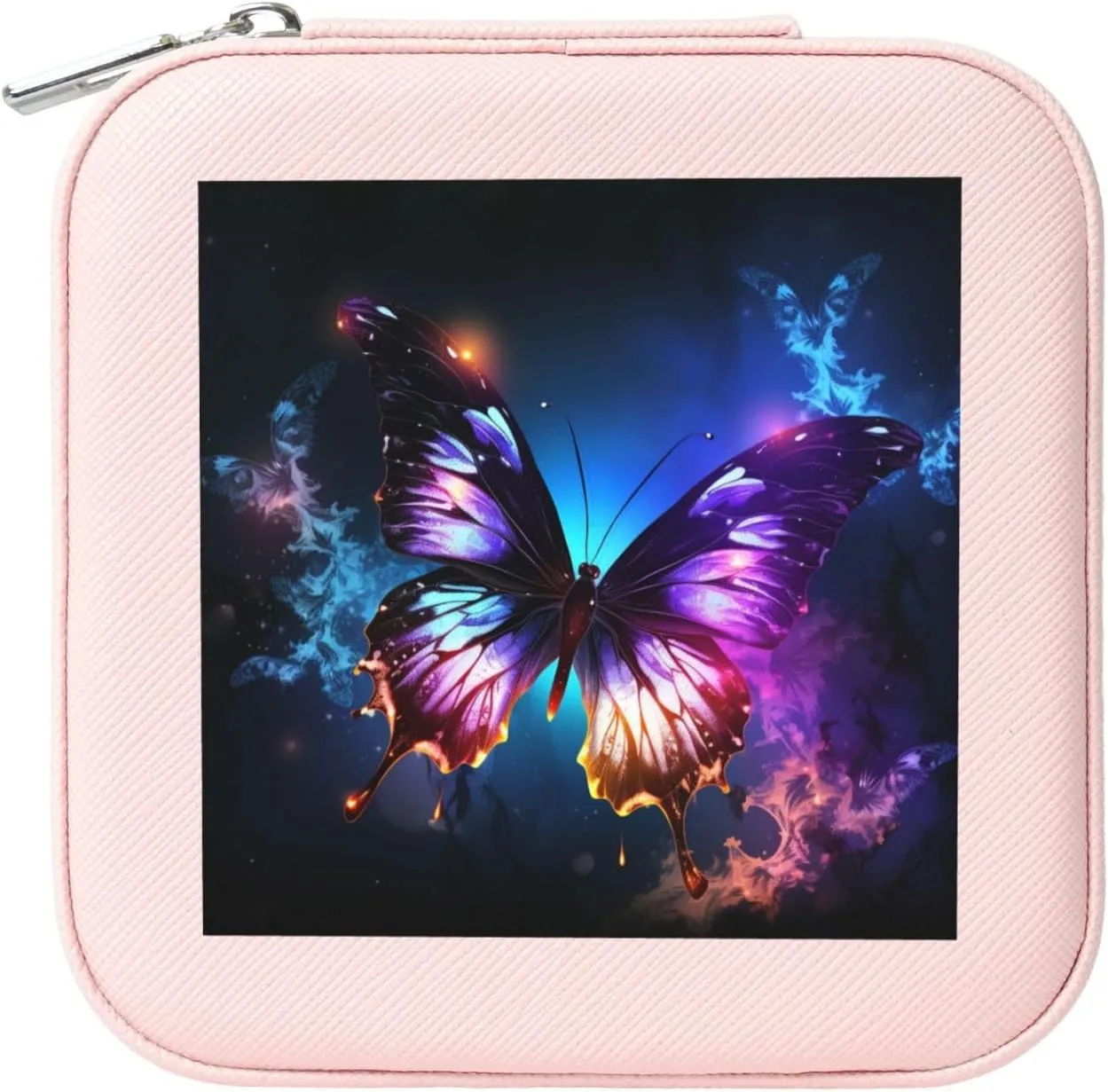 Jewelry Boxes for Women Girls Square Jewelry Organizer Case Beautiful glowing butterfly Leather Jewelry Storage Box Portable Travel Jewelry Case with Zipper for Necklace, Earrings, Rings