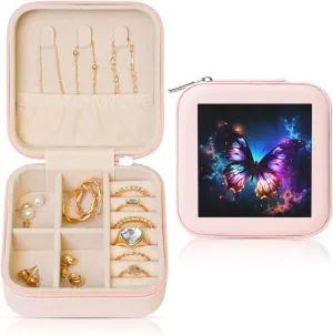 Jewelry Boxes for Women Girls Square Jewelry Organizer Case Beautiful glowing butterfly Leather Jewelry Storage Box Portable Travel Jewelry Case with Zipper for Necklace, Earrings, Rings
