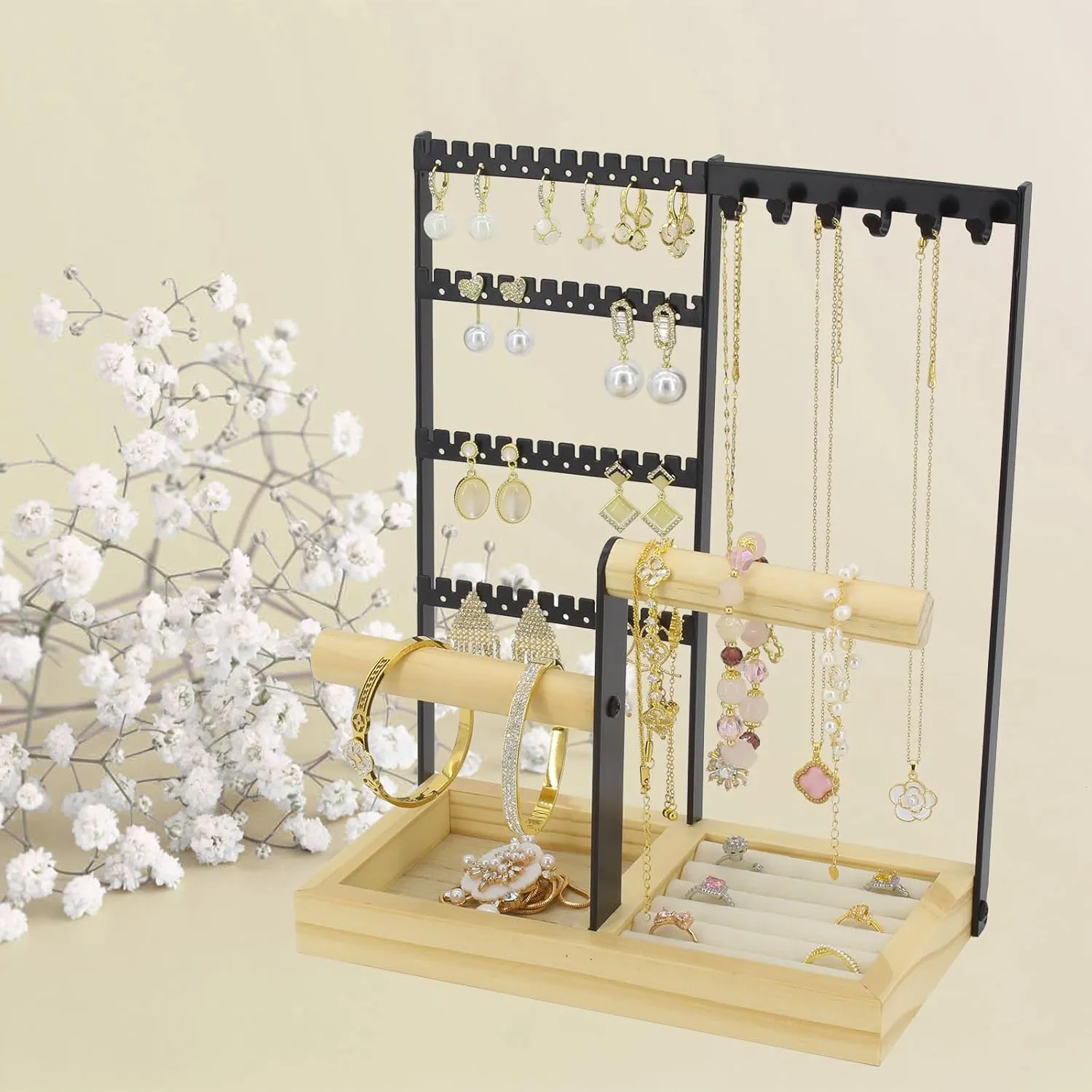 Jewelry Holder Organizer Jewelry Stand, 4-Tier Necklace Stand Earring Holder with Wooden Tray, Jewelry Rack for Bracelets Watches and Rings Display Stand, Gifts for Women & Girls-Black