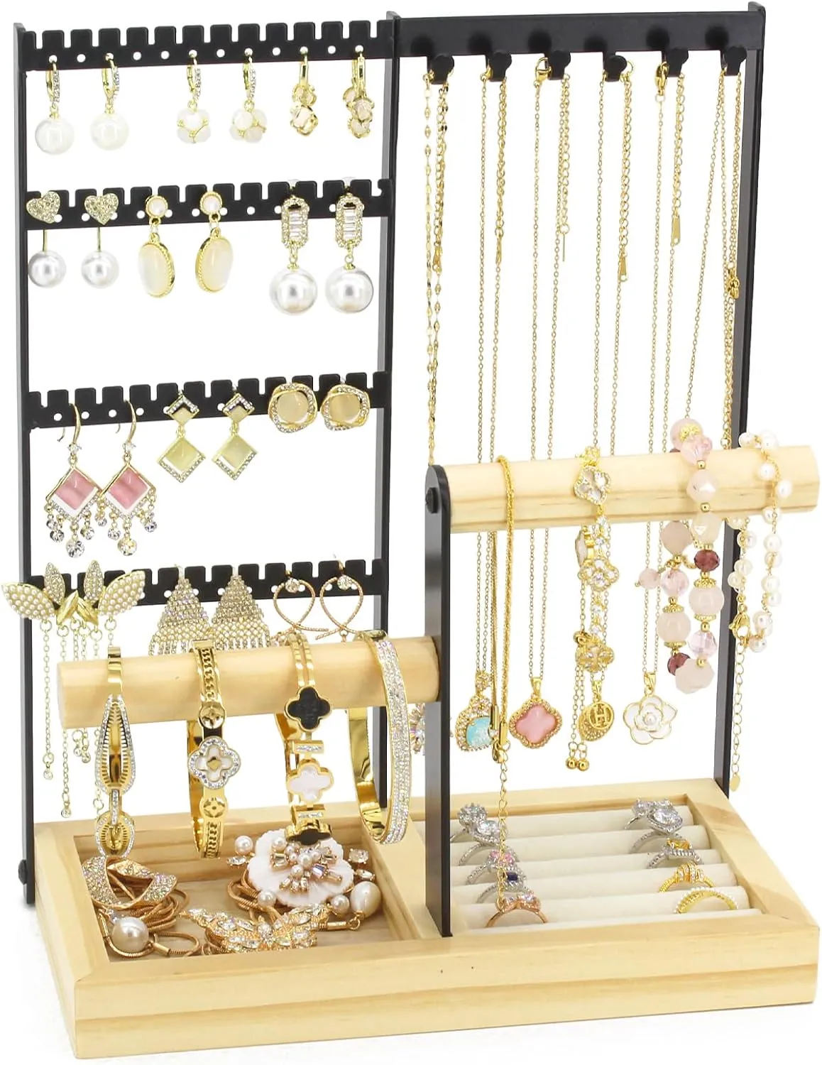Jewelry Holder Organizer Jewelry Stand, 4-Tier Necklace Stand Earring Holder with Wooden Tray, Jewelry Rack for Bracelets Watches and Rings Display Stand, Gifts for Women & Girls-Black
