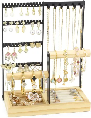 Jewelry Holder Organizer Jewelry Stand, 4-Tier Necklace Stand Earring Holder with Wooden Tray, Jewelry Rack for Bracelets Watches and Rings Display Stand, Gifts for Women & Girls-Black
