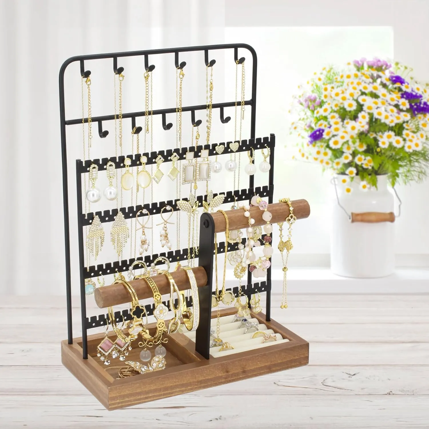 Jewelry Holder Organizer Stand 4-Tier Necklace Stand Earring Holder with Wooden Tray, Jewelry Rack for Bracelets Watches and Rings Display Stand, Gifts for Women & Girls-Black