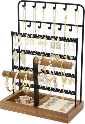 Jewelry Holder Organizer Stand 4-Tier Necklace Stand Earring Holder with Wooden Tray, Jewelry Rack for Bracelets Watches and Rings Display Stand, Gifts for Women & Girls-Black