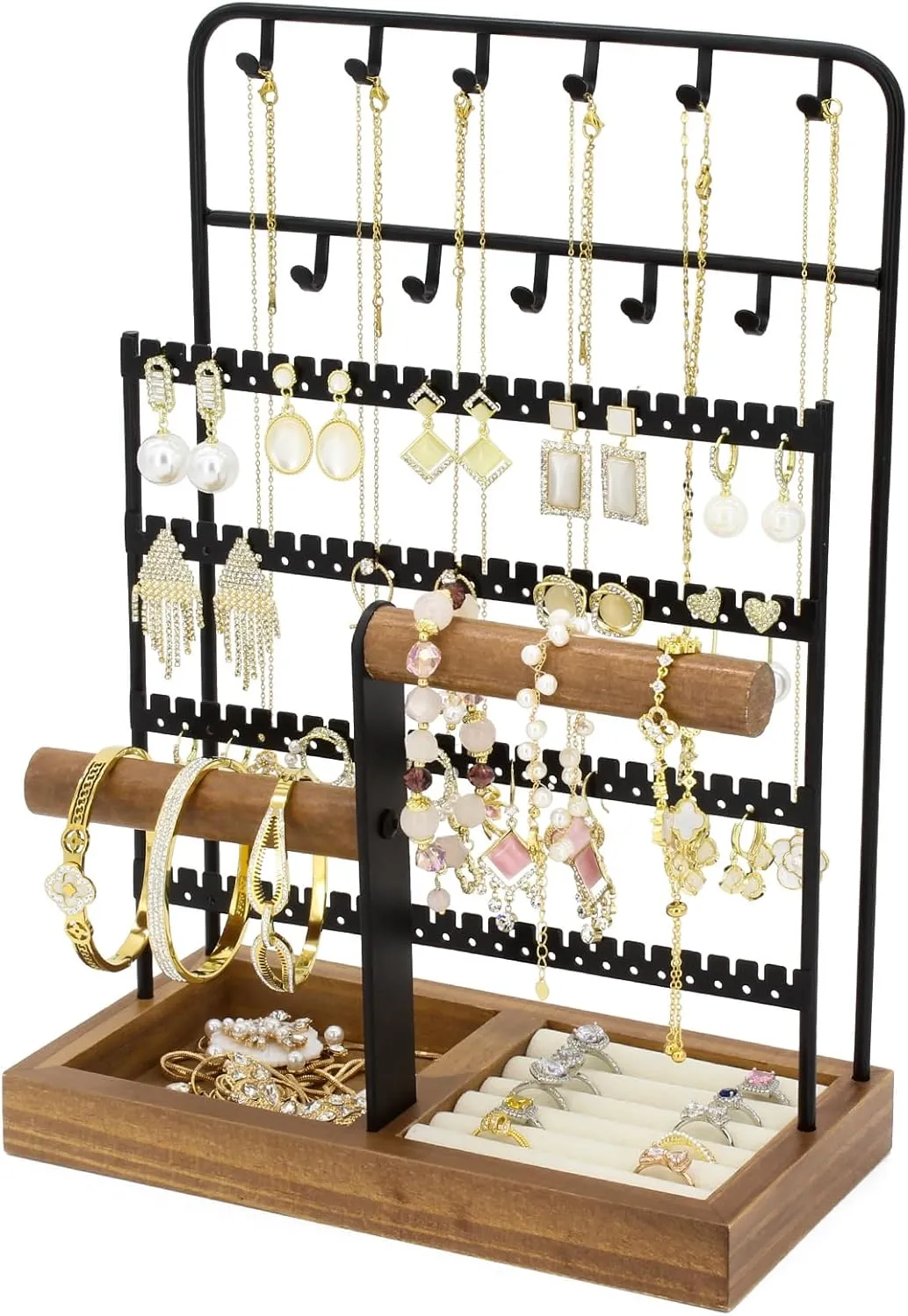 Jewelry Holder Organizer Stand 4-Tier Necklace Stand Earring Holder with Wooden Tray, Jewelry Rack for Bracelets Watches and Rings Display Stand, Gifts for Women & Girls-Black