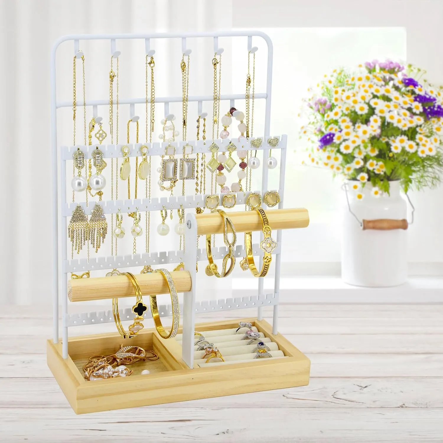 Jewelry Holder Organizer Stand 4-Tier Necklace Stand Earring Holder with Wooden Tray, Jewelry Rack for Bracelets Watches and Rings Display Stand, Gifts for Women & Girls-White