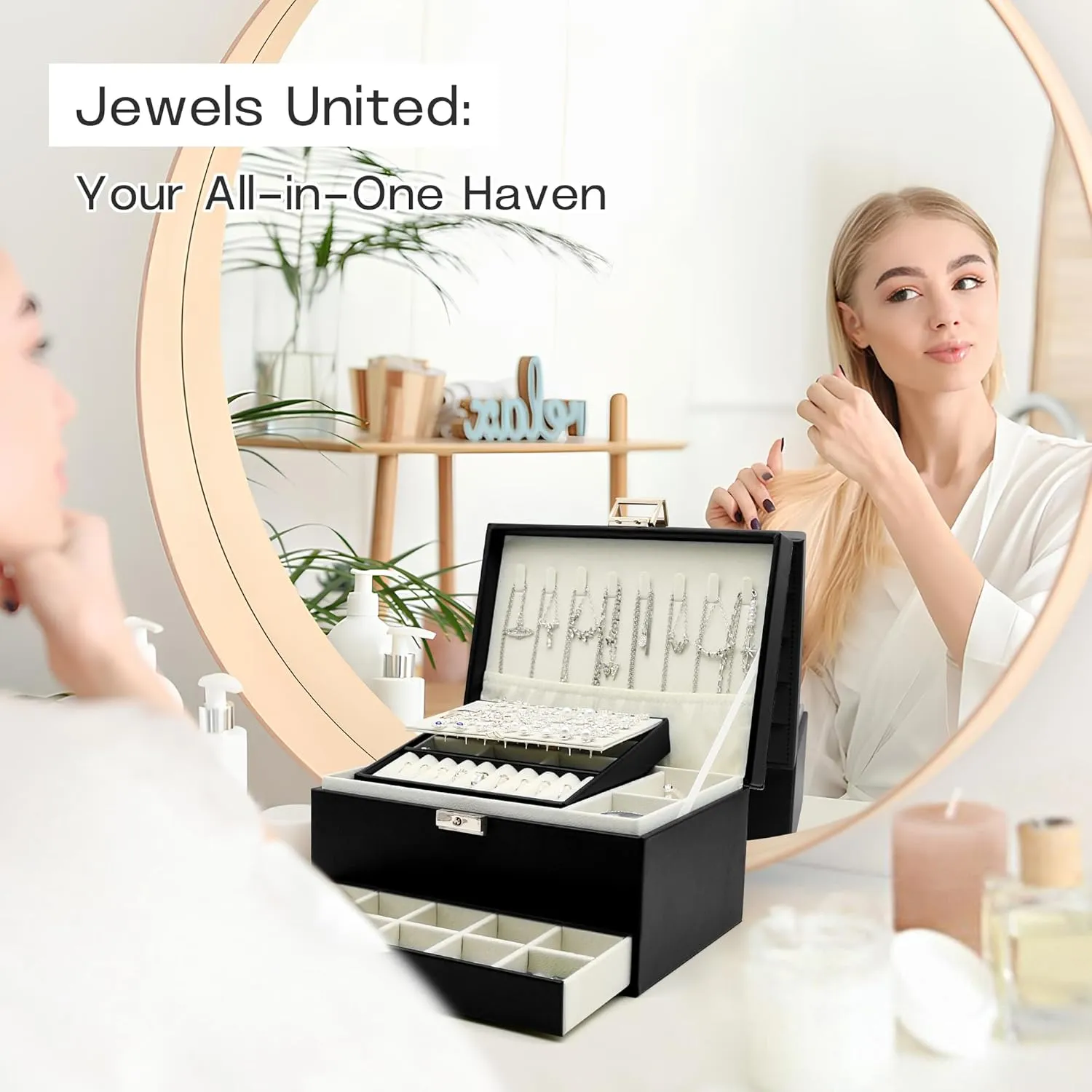 Jewelry Organizer, Travel Jewelry Box Organizers for Women Girls, Jewellery Display Holder 3 Layers Large PU Leather Jewellery Storage Case for Earring, Rings, Necklaces, Bracelets, Watch, Gift(Black)