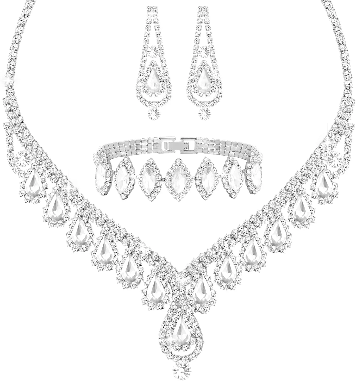 Jewelry Set for Women Wedding jewelry Sets for Brides Elegant Rhinestone Necklace Bracelet and Earring Set for Women Prom Formal bridesmaid Wedding