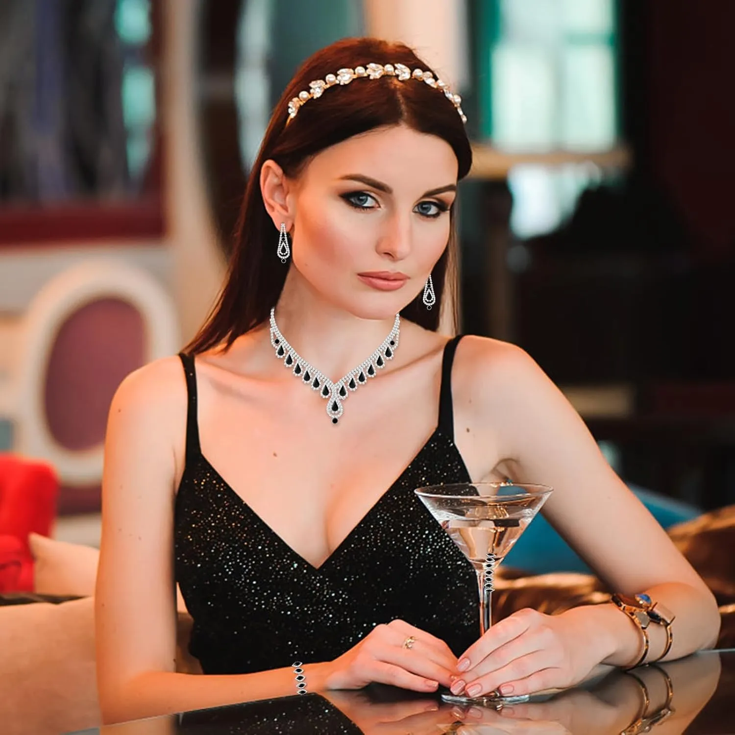 Jewelry Set for Women Wedding jewelry Sets for Brides Elegant Rhinestone Necklace Bracelet and Earring Set for Women Prom Formal bridesmaid Wedding