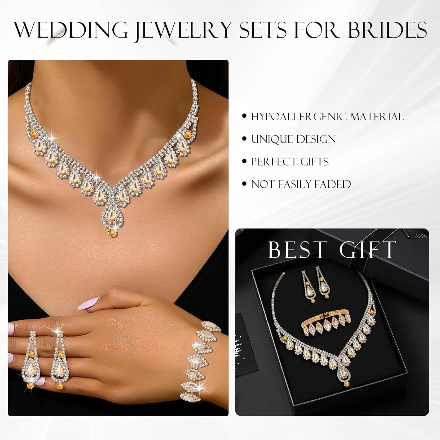 Jewelry Set for Women Wedding jewelry Sets for Brides Elegant Rhinestone Necklace Bracelet and Earring Set for Women Prom Formal bridesmaid Wedding