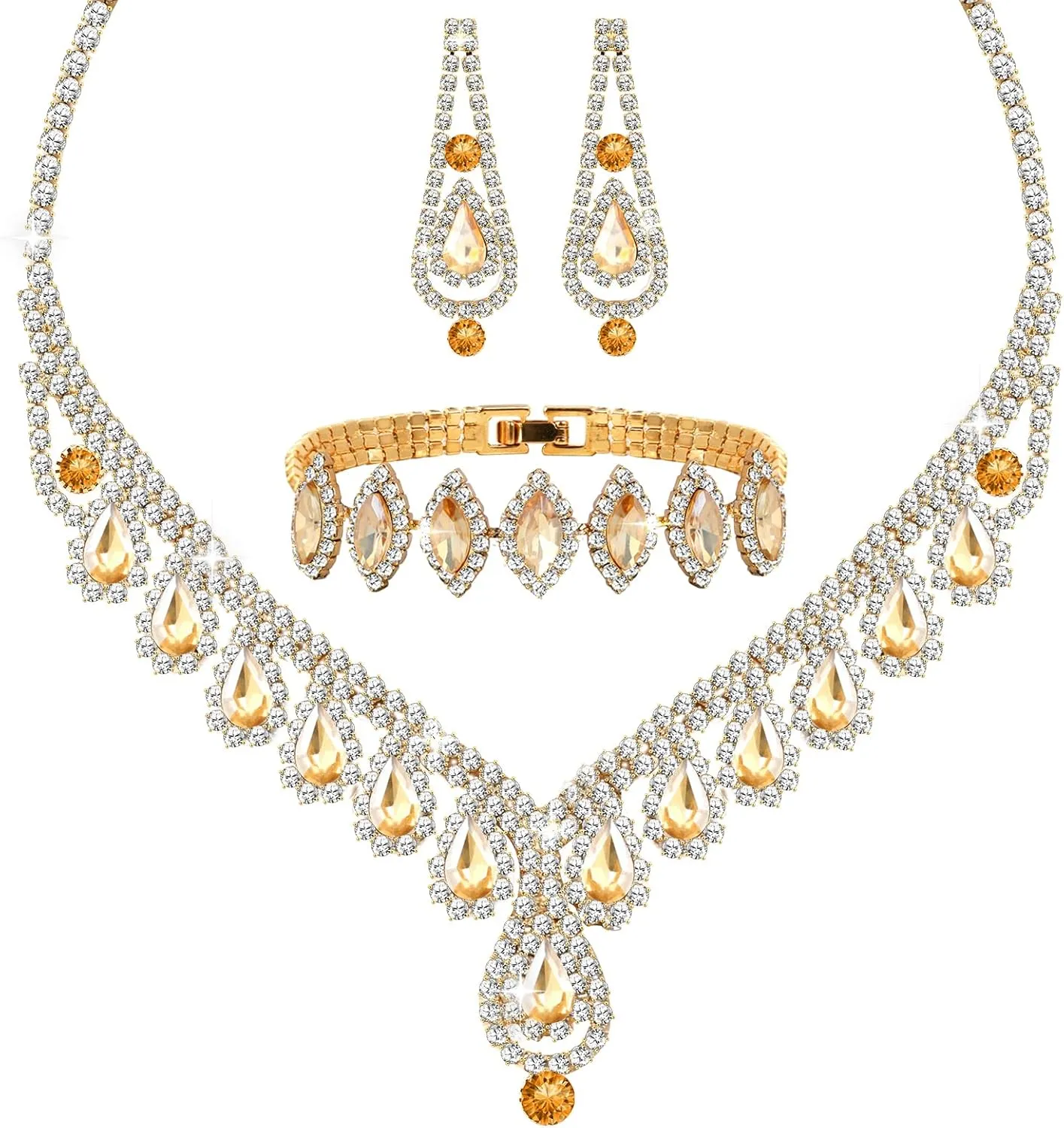 Jewelry Set for Women Wedding jewelry Sets for Brides Elegant Rhinestone Necklace Bracelet and Earring Set for Women Prom Formal bridesmaid Wedding