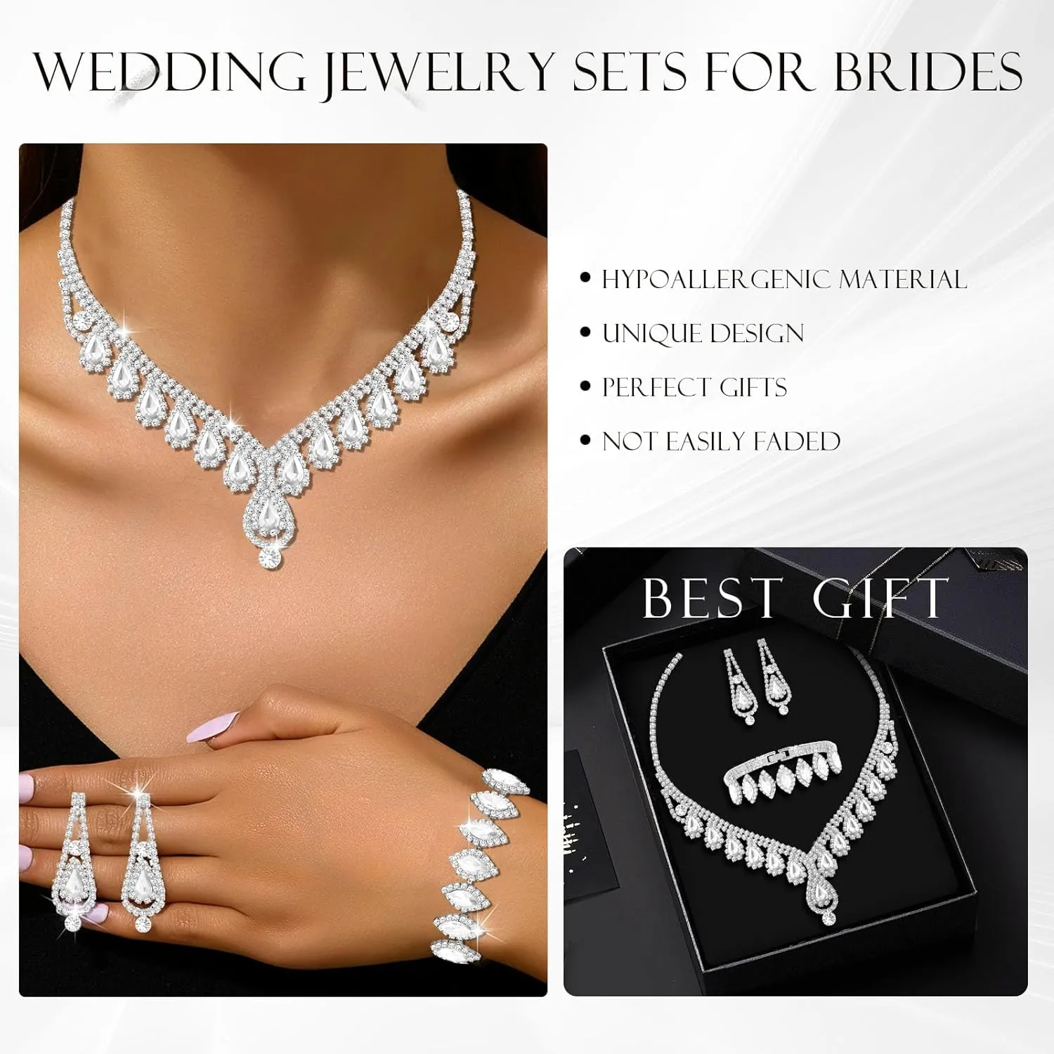 Jewelry Set for Women Wedding jewelry Sets for Brides Elegant Rhinestone Necklace Bracelet and Earring Set for Women Prom Formal bridesmaid Wedding