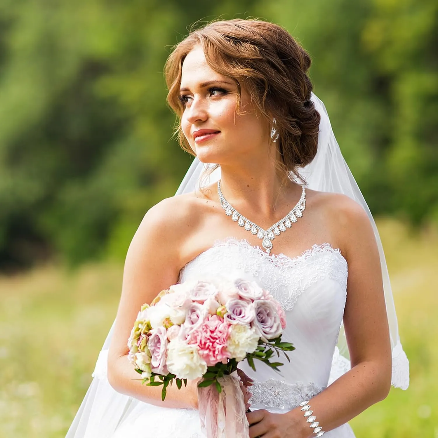 Jewelry Set for Women Wedding jewelry Sets for Brides Elegant Rhinestone Necklace Bracelet and Earring Set for Women Prom Formal bridesmaid Wedding